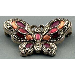 Judith Jack Butterfly Brooch Sterling Silver Marcasite Pink Enamel  9.3g